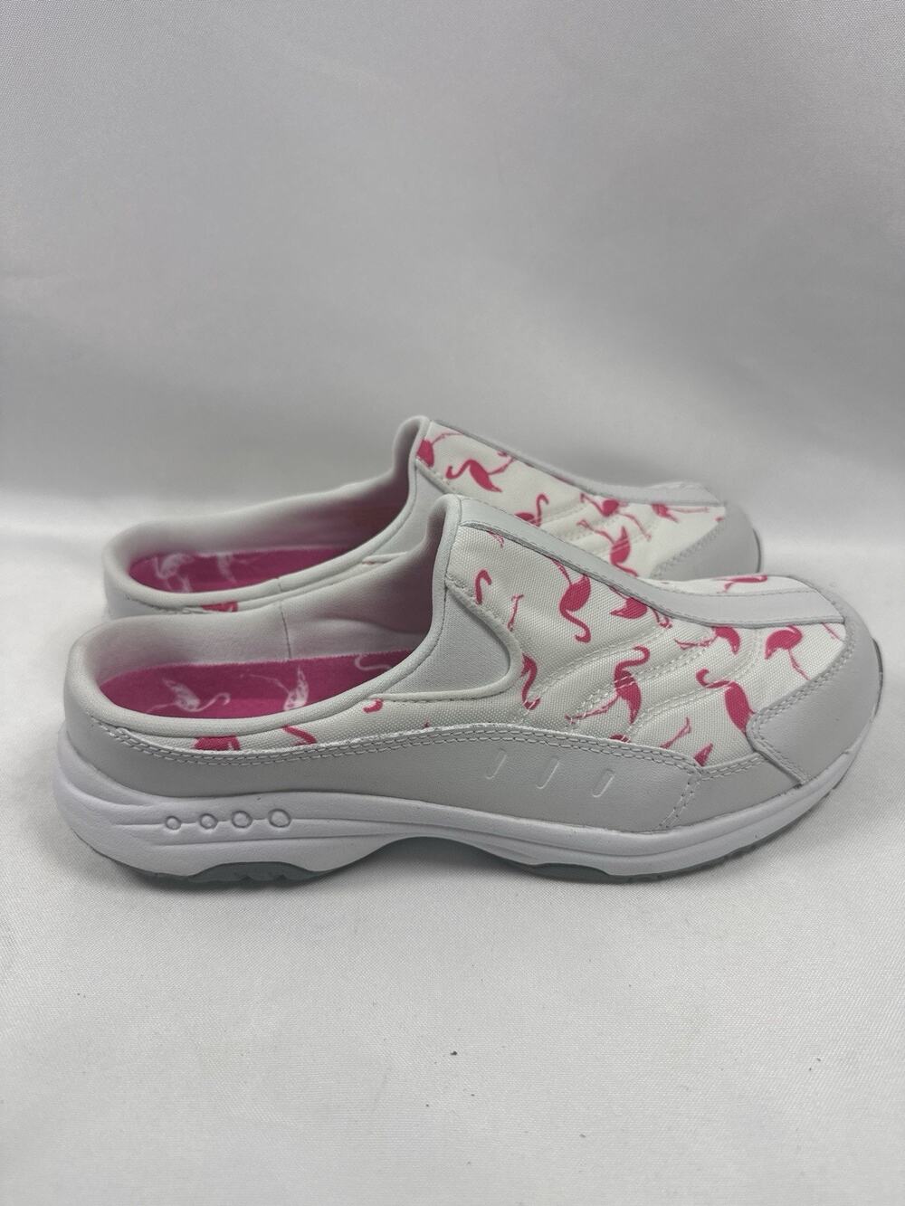 Easy Spirit Travel Time 26 Flamingo Print Mule Clogs White Pink Women’s 9W